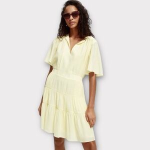 Scotch & Soda Paneled Tiered Dress Gathered Smocked Flutter Sleeves Yellow NWT